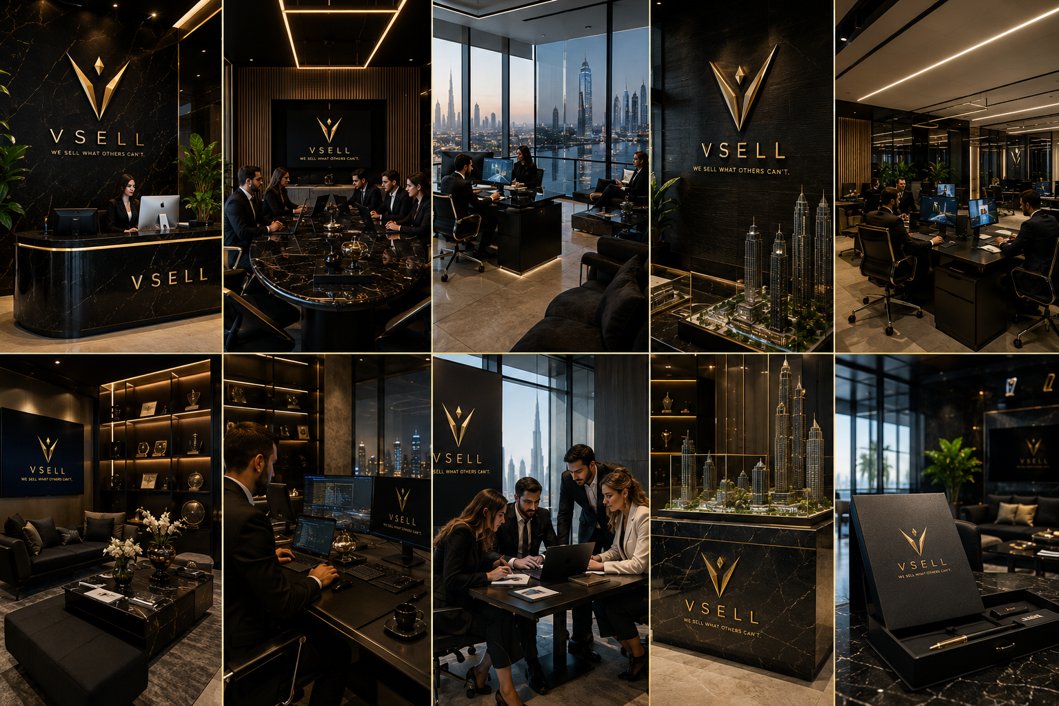 VSell Business Bay office — reception, meeting rooms, advisor desks